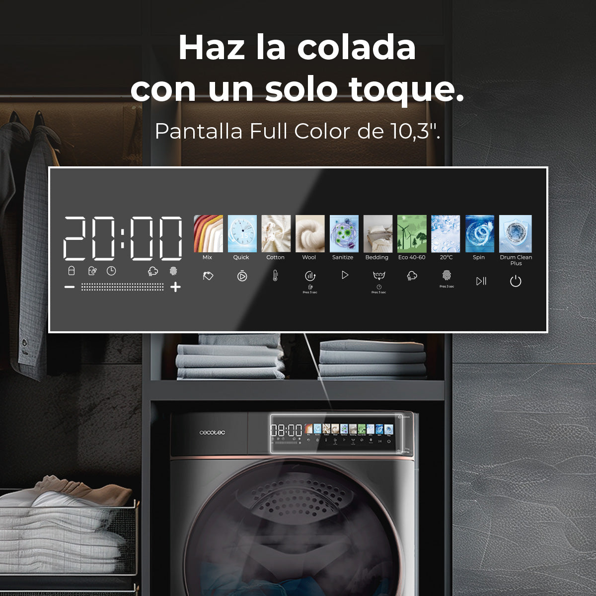 Cecotec Lavadora Bolero DressCode 10900 Inverter Autodose 10 kg FullColor Steel A