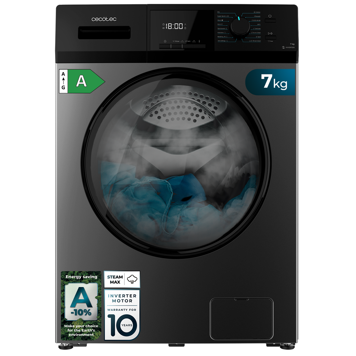 Cecotec Lavadora Bolero DressCode 7410 Inverter Acero 7 Kg 1200 RPM 16 Programas