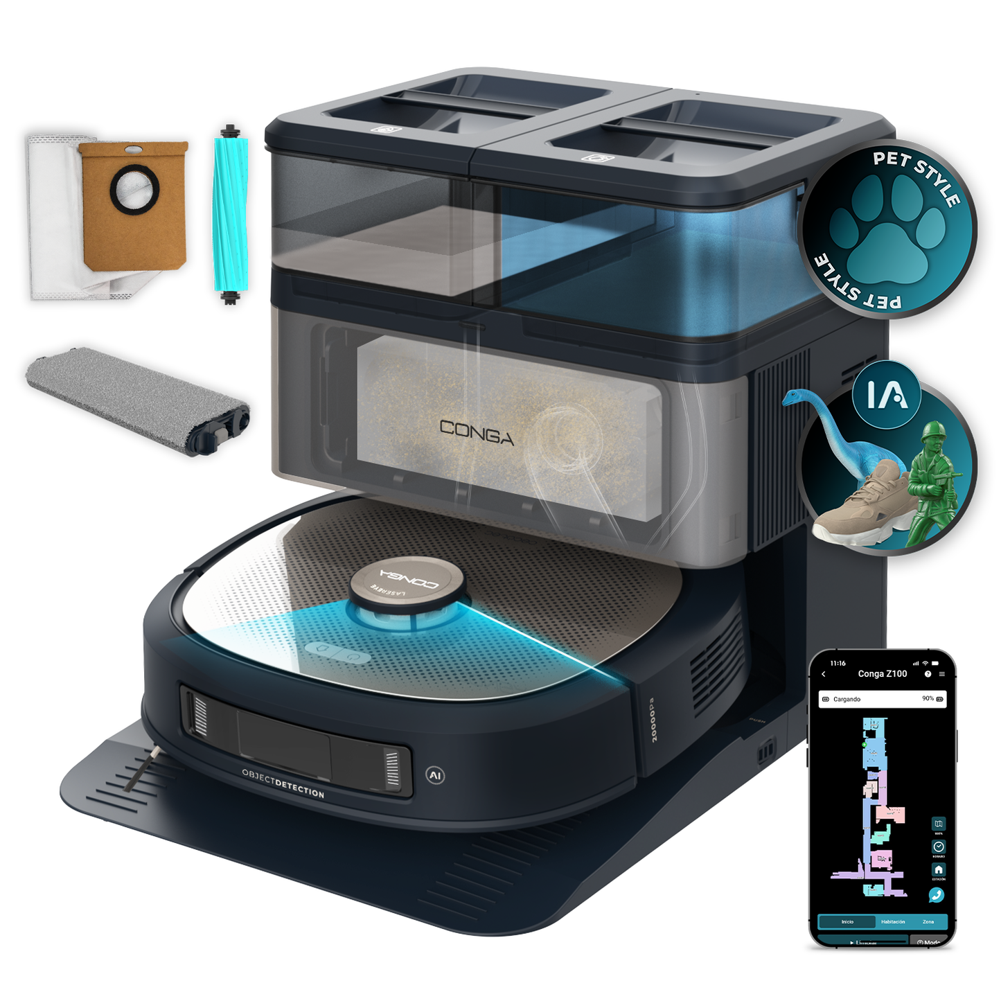 Cecotec Conga Z100 Robot Aspirador IA Con LaserEye Y AquaCycle Detección De Objetos Y Fregado Profesional