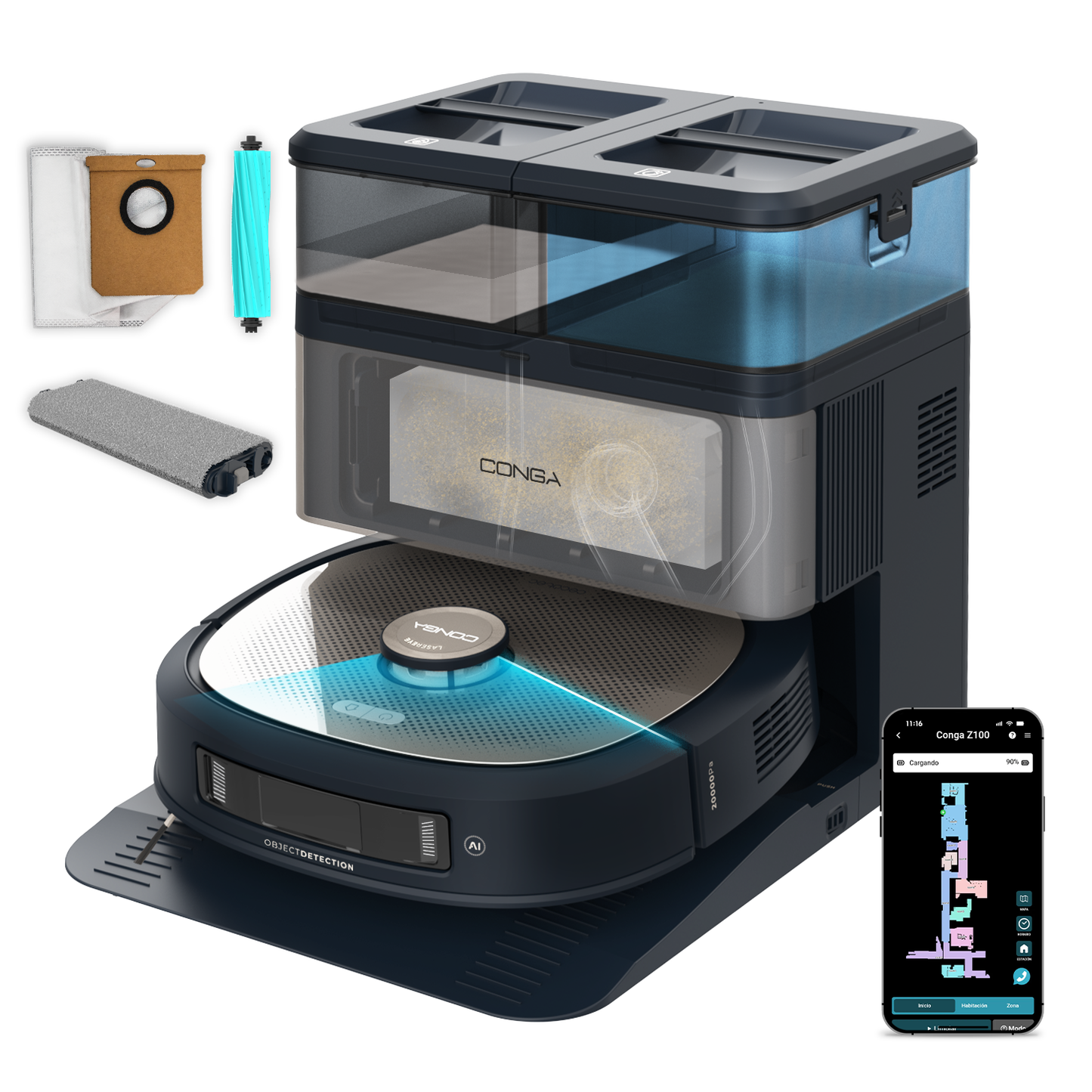 Cecotec Conga Z100 Robot Aspirador IA Con LaserEye Y AquaCycle Detección De Objetos Y Fregado Profesional