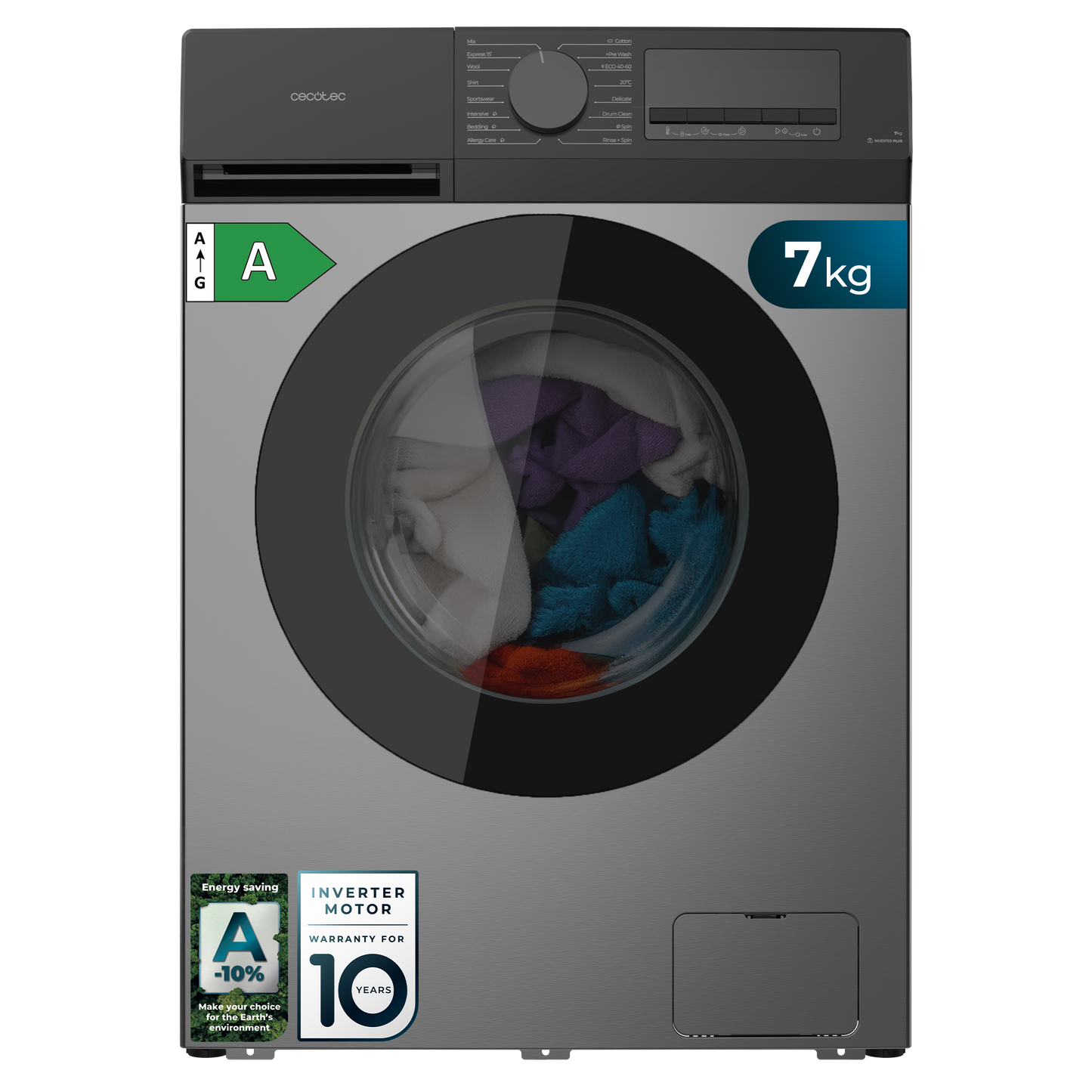 Cecotec Lavadora Bolero DressCode 7450 Inverter Acero, 7 Kg, 1200 RPM, Clase A Eficiencia Energetica