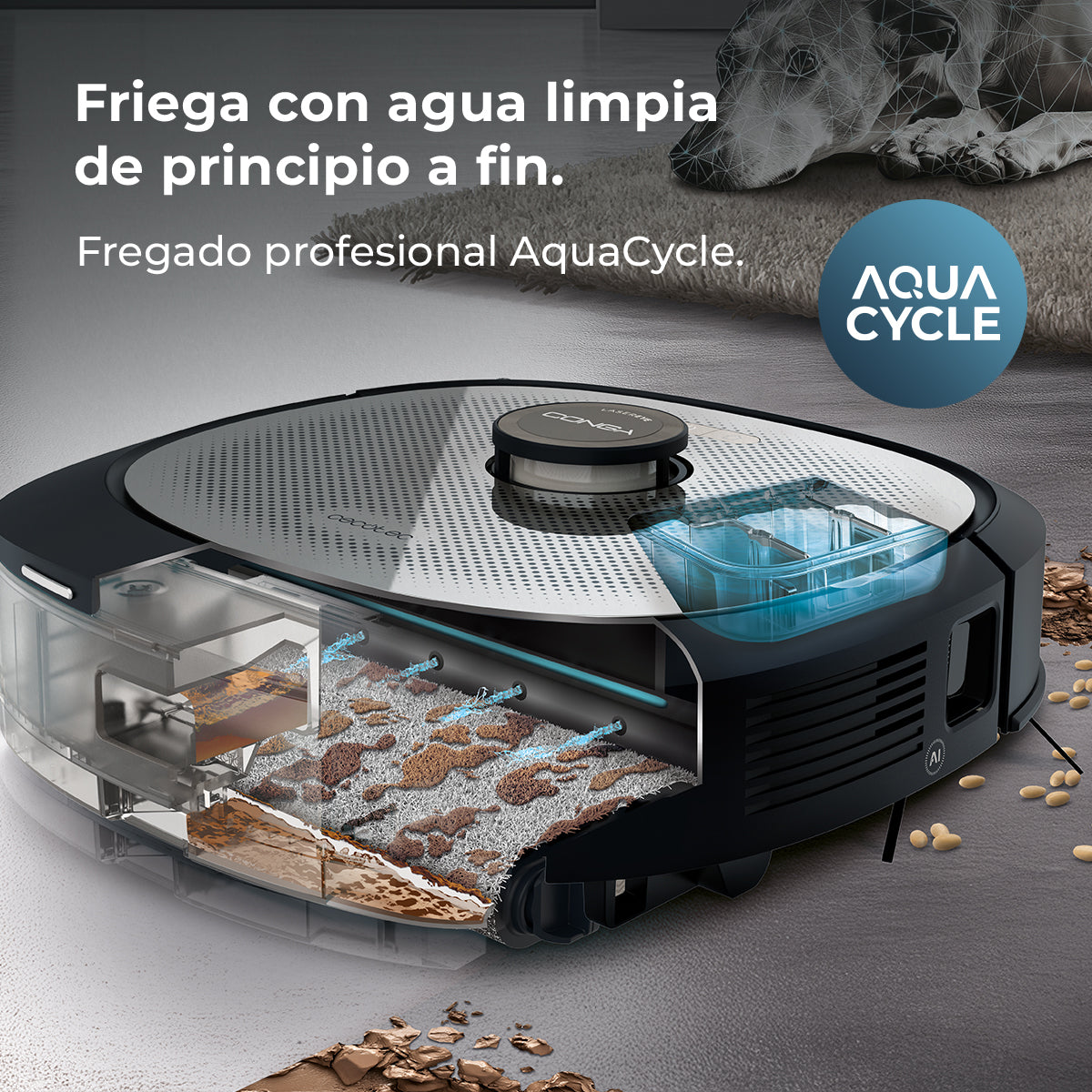 Cecotec Conga Z100 Robot Aspirador IA Con LaserEye Y AquaCycle Detección De Objetos Y Fregado Profesional