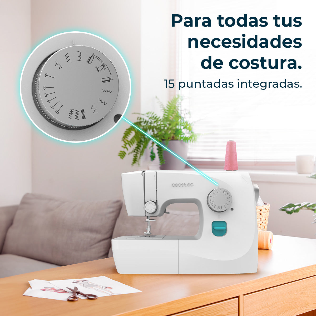 Cecotec BelleCouture 1500 Máquina de Coser 15 Puntadas Fácil para Principiantes Novatos